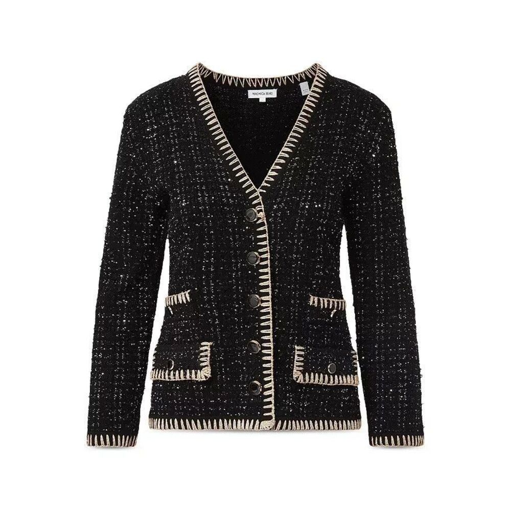 Veronica Beard Black Tweed Cardigan Blazer with Cream Trim